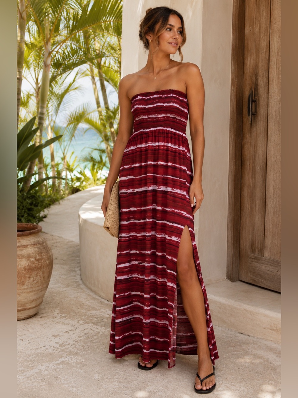 Evereve Smocked Strapless Maxi Dress Burgundy Stripe Resort Boho Romantic Large